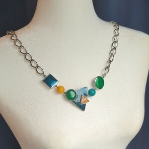 Geometric Silver Necklace with Blue and Green Accents
